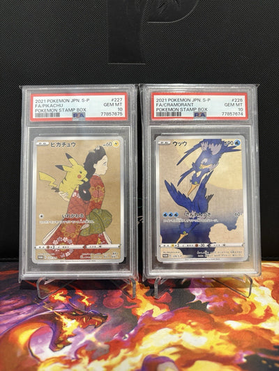 PSA 10 GEM MINT Pikachu 227/S-P & Cramorant 226 Stamp Box PROMO Japanese Pokemon